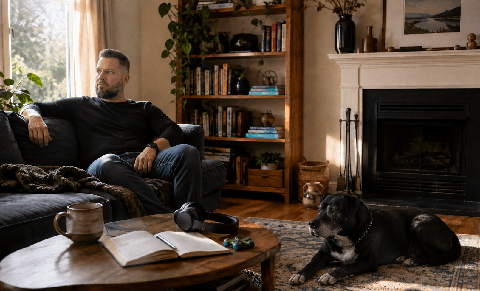 Michael relaxing with his dog in a warm living room.